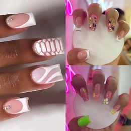 False Nails Long Square Fashion Colorful Summer French Fake Nials Detachable Full Cover Nail Tips DIY