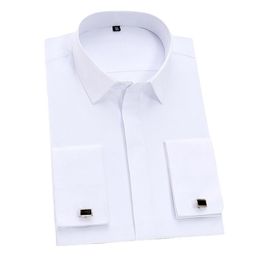 Men's French Cuff Dress Shirts Long Sleeve Social Work Business Non-iron Formal Men Solid White Shirt With Cufflinks323e