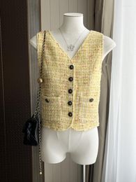 Women's Vests French Yellow Elegant Tweed Vest Tank For Women Sleeveless Luxury Short Cropped Female Top OuterWear