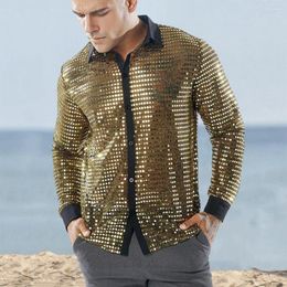 Men's Casual Shirts Anti-wrinkle Men Shirt Vintage 70s Sequin Lapel Disco Shiny Glossy Slim Fit Single-breasted Party Performance Club