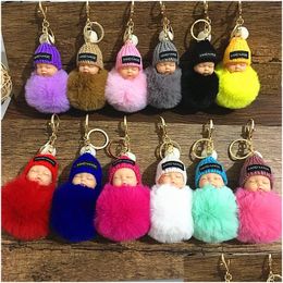 Keychains Lanyards Cute Slee Baby Doll Keychain Pompom Rabbit Fur Ball Carabiner Key Chain Keyring Women Kids Holder Bag Pendant R Otehj