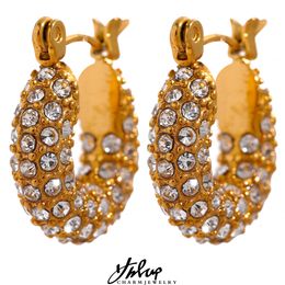 Stud Yhpup Luxury Bling Cubic Zirconia Round Stainless Steel Chunky Huggie Hoop Earrings 18K Gold Color Texture Exquisite Jewelry 230824