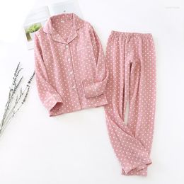 Women's Sleepwear Spring And Autumn Men Women Lovers Pyjamas Set Dot Printed Simple Style Turn-Down Collar Sleepweear Full Cotton Homewear