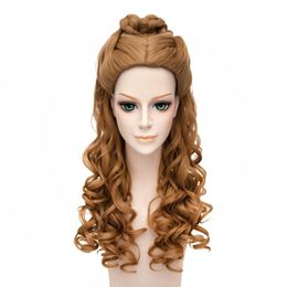 Womens Cinderella Live Action Movie Cosplay Wigs Belle Braided Long Curly Princess Costume Dress-Up Hair Wig Brown Wig Cap3197