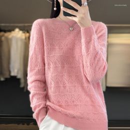 Women's Sweaters Hollow Jacquard Pure Wool Sweater Round Neck Pullover Solid Colour Casual Versatile Cashmere