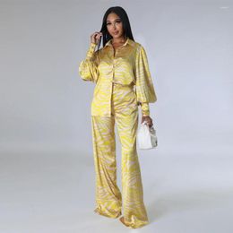 Women's Two Piece Pants Cutubly Satin Printed Sets Long Sleeved Button Shirt And Wide Leg Pant 2023 Sexy Party Club Night Out