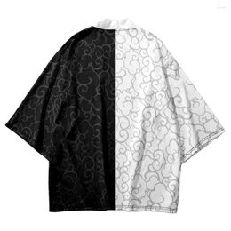 Ethnic Clothing Traditional Asian Women Men Three Quarter Sleeves Cardigan Black White Patchwork Print Kimono Shirts