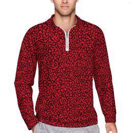 Men's Polos Red And Black Leopard Polo Shirts Animal Fur Print Casual Shirt Autumn Streetwear T-Shirts Long Sleeve Graphic Oversized Clothes