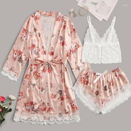 Women's Sleepwear 3piece Set Women Homewear Pajamas Real Silk Neck Nightgown Printing Pijama Suit Lace Pyjamas