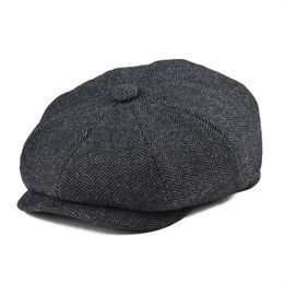 BOTVELA Tweed Wool 8 piece Black Herringbone Newsboy Cap Men Classic 8-Quarter Panel Style Flat Caps Women Beret Hat 005332O