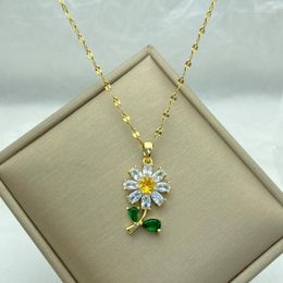 Pendant Necklaces Gold Plated Colour Stainless Steel For Women Fashion Jewellery Prettry Sunflower With White And Green Zircons