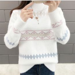 Women's Hoodies Sweatshirts 2023 Autumn Women Fashion Half Turtleneck Sweater Loose Casual Patchwork Faux Mink Fur Cashmere Knitting Pullovers W534 230823