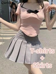 Work Dresses 2 Pcs Sets Women Halter Sexy T-shirts Pleated Mini Skirts Kawaii Summer Aesthetic Simple Vintage Casual Clothing Girlish Daily