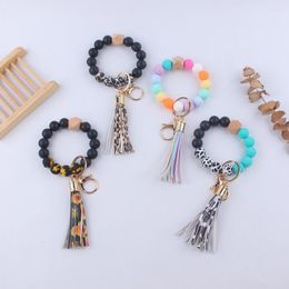 Keychains Fashion Leopard Print Silicone Beaded Keychain Women Men Bracelet Wristlet Keyring For Tassel Pendant Bag Car Key Chain Jewellery
