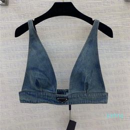 Womens Designers T Shirts Underwear With Metal Triangle Badge Sexy Deep V Denim Sling Tube Tops Women Clothing3092