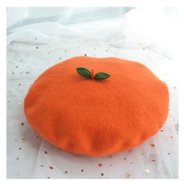 Berets Orange Beret with Cute Green Leaves Kawaii Lolita Girl Fruit Hat Handmade Wool Cap Women Spring Autumn Winter Beanies 230823