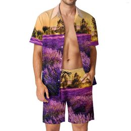 Men's Tracksuits Lavender Field Men Sets Nature Art Print Trendy Casual Shirt Set Short Sleeve Printed Shorts Summer Fitness Outdoor Suit