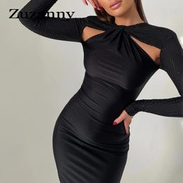 Casual Dresses Zuzanny Elegant Party Slim Maxi Dress Patchwork Long Sleeve Cut Out O Neck Halter Bodycon Sexy Women Club Outfits