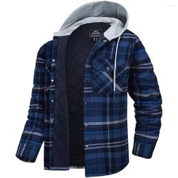 Men's Dress Shirts Cotton Flannel Shirt Jacket With Hood Mens Long Sleeve Quilted Lined Plaid Coat Button Down High Quality Thick Hoodie