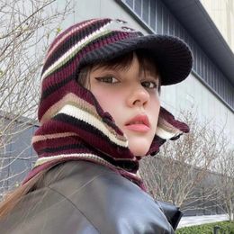 Berets Niche Striped Color Matching Knitted Hats Women Autumn And Winter Warm Ear Protection Show Face Small Retro Balaclava Cap