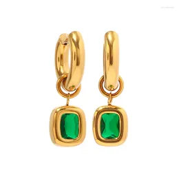 Hoop Earrings ALLME Vintage Green Square CZ Cubic Zirconia 18K Gold Plated Stainless Steel Pendant Earring For Women Brincos