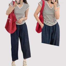 Women's T Shirts Summer Thin Slim Fit Knit Tee Top Women 2023 Design 95% Cotton V Neck Sleeveless Stripe Tank Shirt With Side Draw String