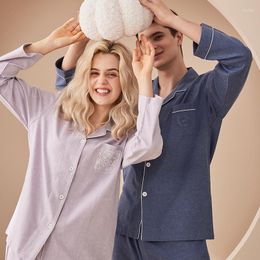 Women's Sleepwear 2023 Autumn Product COTTON PAJAMA SET Men's And Lapel Pure Color Cardigan Home Clothes