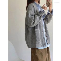 Women's Knits DAYIFUN Grey Sweater Cardigans Spring Autumn Loose V-neck Knitted Coats With Pockets Soft Waxy Oversize Jacket Sweaters