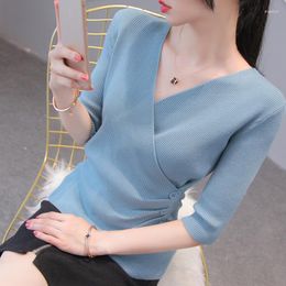 Women's Sweaters Spring And Autumn Bead T-Shirt Cross Design V-Collar Slim Irregular Knitted Top