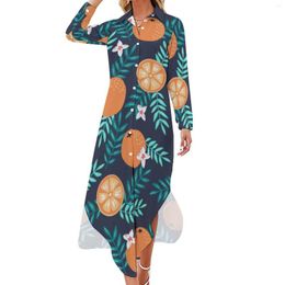 Casual Dresses Watercolour Oranges Chiffon Dress Flower Leaf Print Women Long Sleeve Street Fashion V Neck Custom Big Size