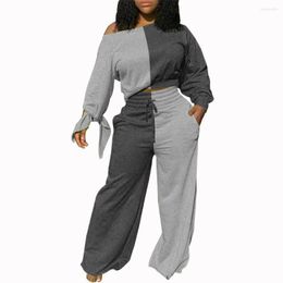 Women's Hoodies Plus Size Women Tracksuit Loose Long Sleeve Tees Elastic Waist Wide Leg Trousers Set Patchwork 2 Piece Sporty Suits Ropa