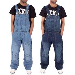 Men's Jeans 2021 Men One Piece Full Length Suspender Pants Casual Loose Wide Leg Slim Pocket Overalls Denim Jumpsuits Ripped 253w