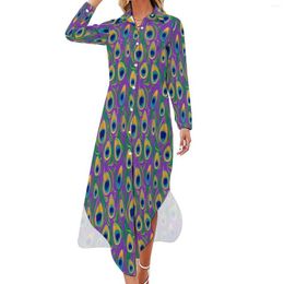 Casual Dresses Pretty Birds Dress Peacock Feathe Print Aesthetic Long Sleeve Elegant Ladies V Neck Custom Big Size Chiffon