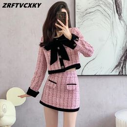 Two Piece Dress Small Fragrance Vintage Tweed Two Piece Set Women Fashion Bow Patchwork Short Jacket CoatMini Skirt Sets Fall Ladies Outfits 230823
