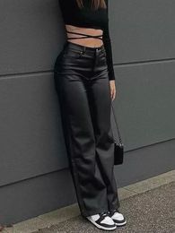 Women's Jeans High Waist Sexy PU Leather pant Fashion Y2K Streetwear Vintage Aesthetics Casual Pants Baggy Wide Leg Straight Trousers 230824