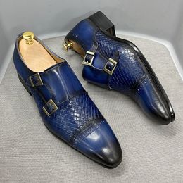 Dress Shoes Luxury Classic Mens Wedding Dress Shoes Black Blue Real Cow Leather Monk Buckle Strap Pointed Toe Oxford Loafer Shoes for Men 230824