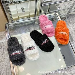 plush slippers for women wearing autumn and winter new balenciga letter embroidery flat bottomed one line slippers for home anti-skid slippers
