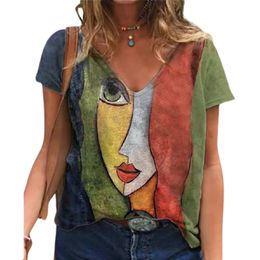 V Boyun Tshirt Kadınlar Yaz Gündelik Büyük Boy Baskı Gömlek Üstler Gevşek Vintage Kadın Tee Sokak Giyim Kısa Kol Kıyafetleri S-5XL Moda Yumuşak