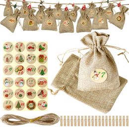 Gift Wrap 24 Sets Christmas Bags Burlap Bundle Pocket Advent Calendar Candy With Stickers Clips274M