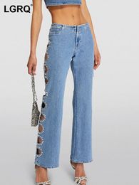 Women's Jeans LGRQ Stylish Hollow Out Niche Design Diamond Decorate Casual Jean's 2023 Trendy Slim Fit Denim Pants 19F3037 230823
