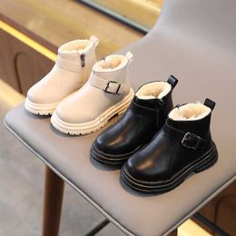 Boots Children Winter Boots Buckle Fluffy Platform Toddler Kids Short Boot 21-30 Solid Color Warm Black Beige Matte Boys Girls Shoes L0824