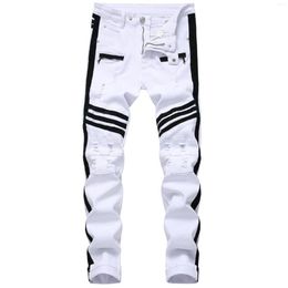 Men's Jeans 2023men White Zipper Black Trim Side Stripe Slim Stretch Ripped Casual Trousers264I