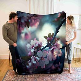 Blankets Cherry Blossoms Flowers Flannel Throw Blanket Pink Petal Blanket for Bed Travel Car Soft Thin Blanket Girls Gift Lightweight R230824