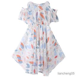 Girl's Dresses 2023 teens Summer baby Girls Dress Clothes mesh leaf Floral Off Shoulder chiffon Long Beach 4 5 7 9 years R230824