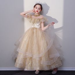 Luxurious Gold Flower Girl Dresses Shiny Sequined Lace Pearls High Neck Long Champagne Sequins Ball Gown Tutu Lilttle Kids Birthday Pageant Weddding Gowns 403