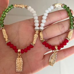 Bangle 12PCS Green Red White Crystal Beaded Mexican Flag Bracelet Jewellery Virgin Mary Saint Jude Charms Elastic Bracelet 230824