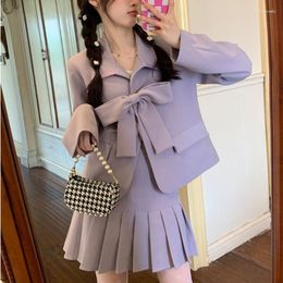 Two Piece Dress Purple Beige Blazer Skirt Suit Women 2023 Autumn Korean Fashion College Style Cute Bow Top Pleated Mini 2 Set