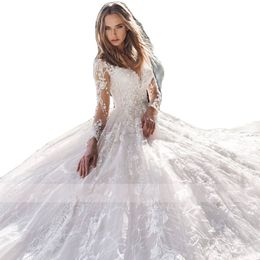 Gorgeous A-Line Wedding Dresses Long Sleeves Appliques Lace Bridal Gowns Custom Made Button Back Sweep Train Robe De Mariee