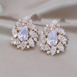 Stud Earrings Korea Fashion Jewelry 14K Gold Plating Luxury Copper Set Zircon Fan Drop Elegant Women's Wedding Party Accessories