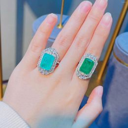 Cluster Rings 925 Silver Rectangular Cotton Wool Emerald Ring Luxury Full Diamond Paraiba Coloured Treasure Opening For Women